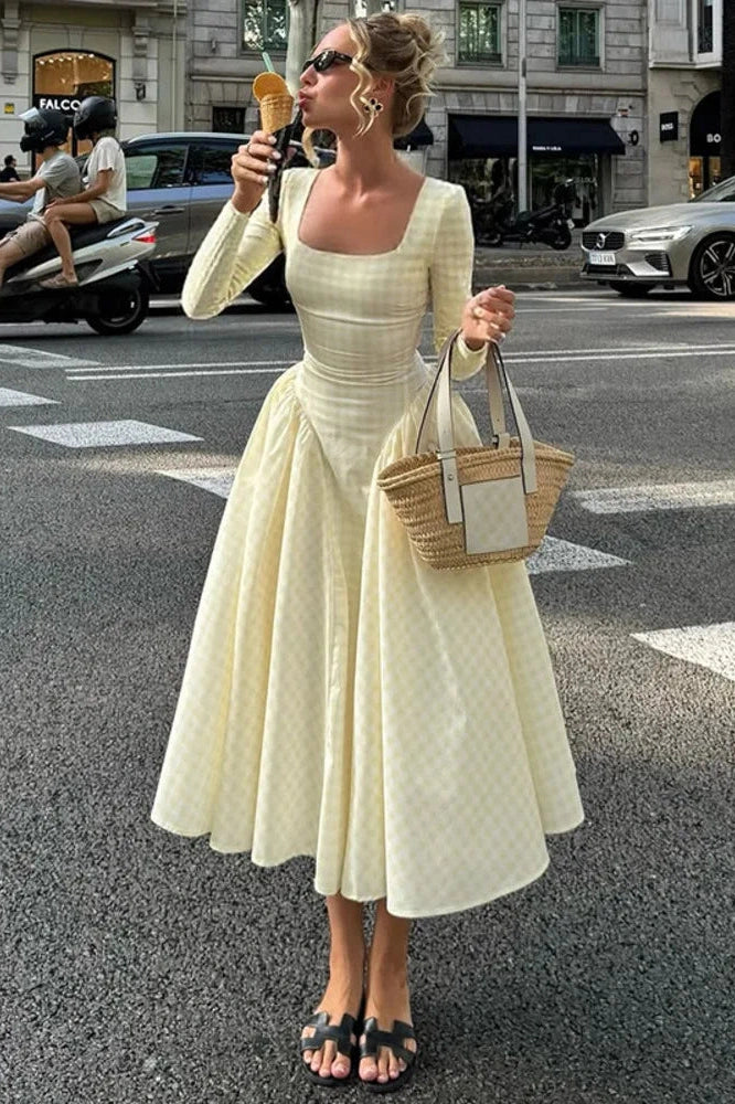 Glorol - Plaid Long Sleeve Pleated Square Collar High Waist A-line Midi Dress