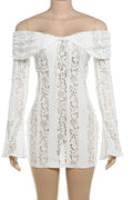 Glorol - Lace Hollow Out Slim Off-Shoulder Long Sleeve Bodycon Mini Dress