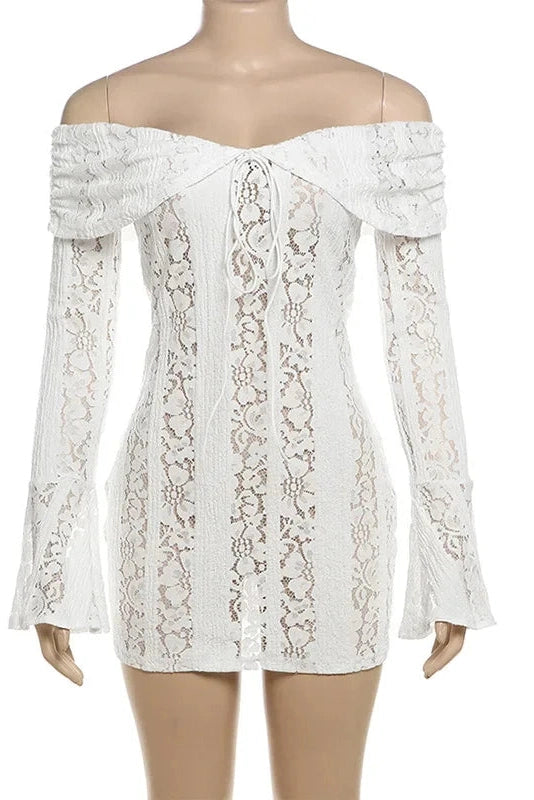 Glorol - Lace Hollow Out Slim Off-Shoulder Long Sleeve Bodycon Mini Dress