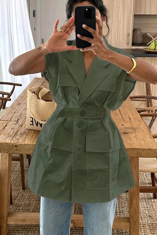 Glorol - Sleeveless Belted Loose Button Top