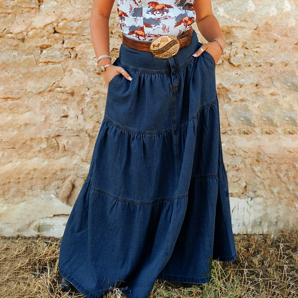 Glorol - High Waist A-Line Denim Skirt