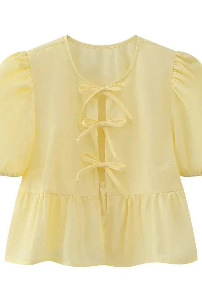 Glorol - Hollow Out Printed Short Sleeve Lace-Up Slim Top
