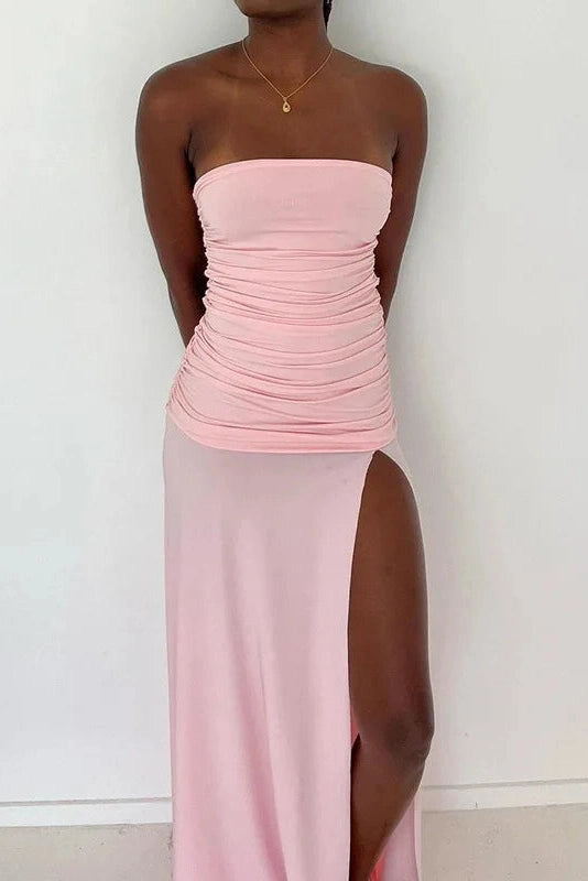 Glorol - Elegant Pleated Strapless Slit Maxi Dress
