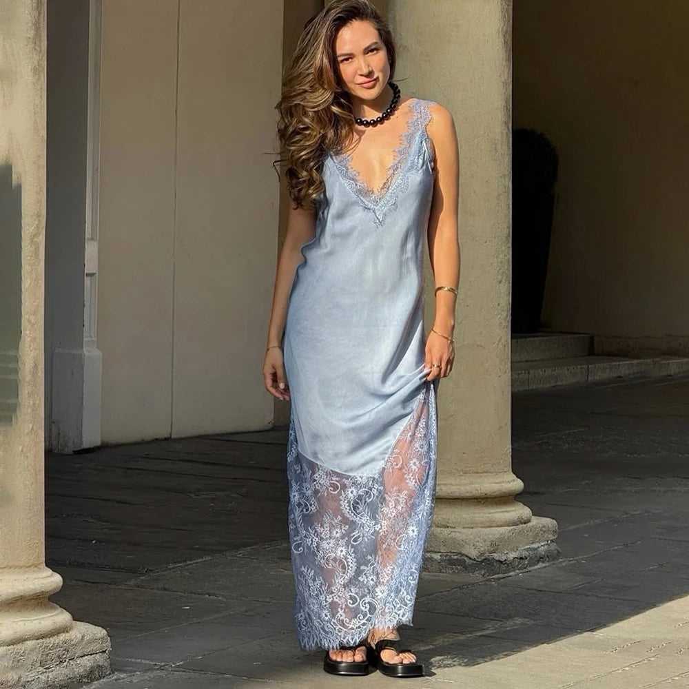 Glorol - Lace Patchwork V Neck See Through Sleeveless Maxi Dress