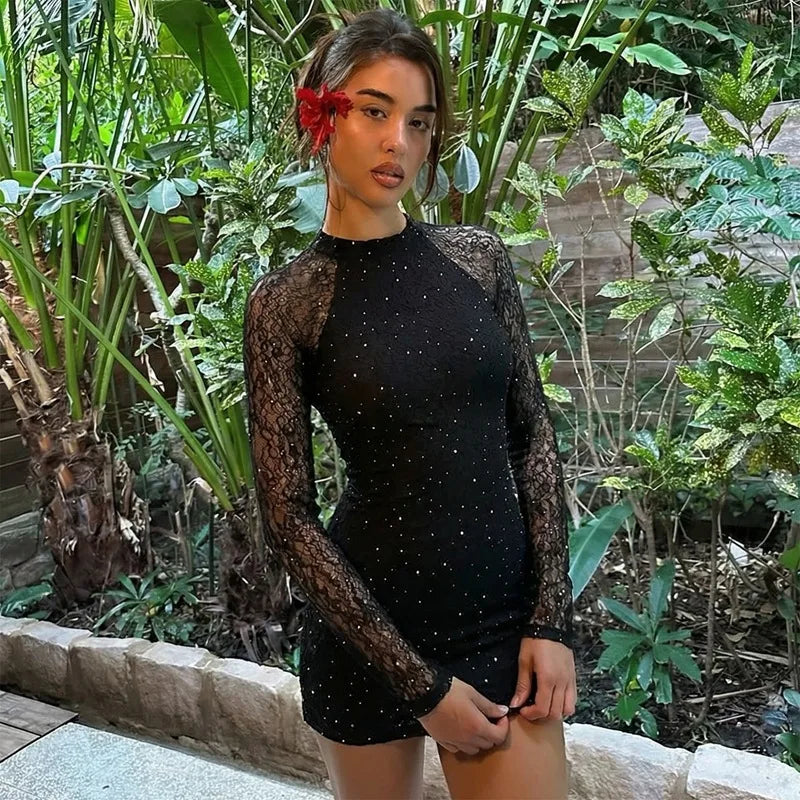 Glorol - Lace See Through Long Sleeve Mini Dress