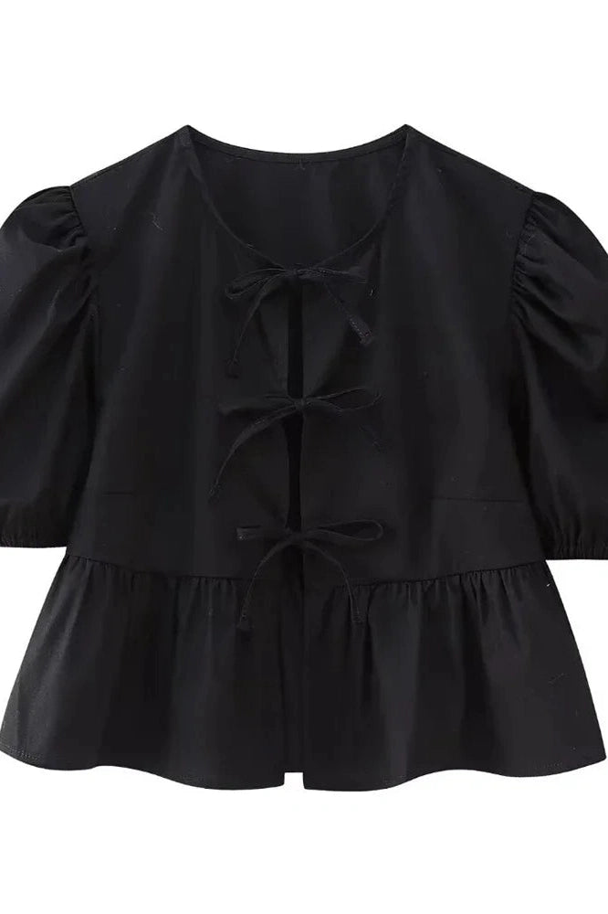 Glorol - Hollow Out Printed Short Sleeve Lace-Up Slim Top
