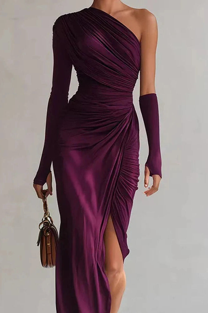 Glorol - Elegant One-Shoulder High Waist Pleated Slim Slash Collar Maxi Dress