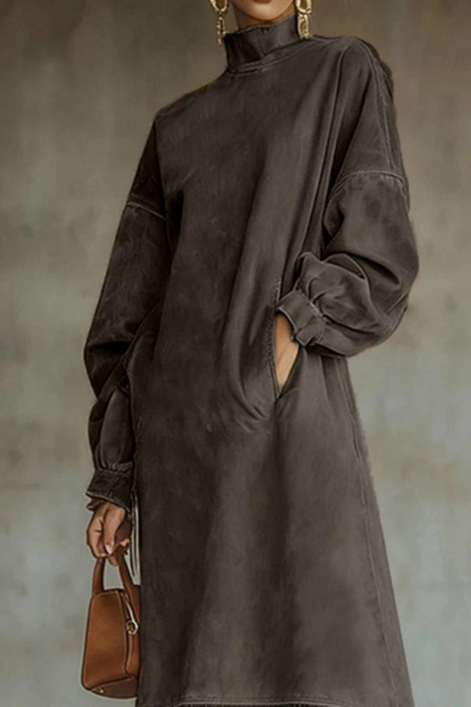 Glorol - Elegant High Collar Loose A-Line High Waist Pocket Midi Dress