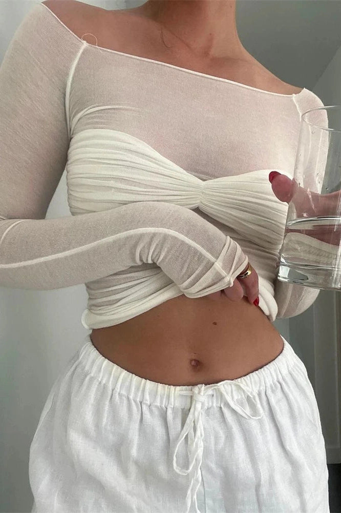 Glorol - Off-Shoulder Long Sleeve See-Through Lace Top