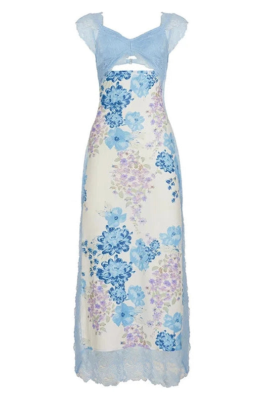 Glorol - Printed Split Lace Sleeveless Backless Irregular Maxi Dress