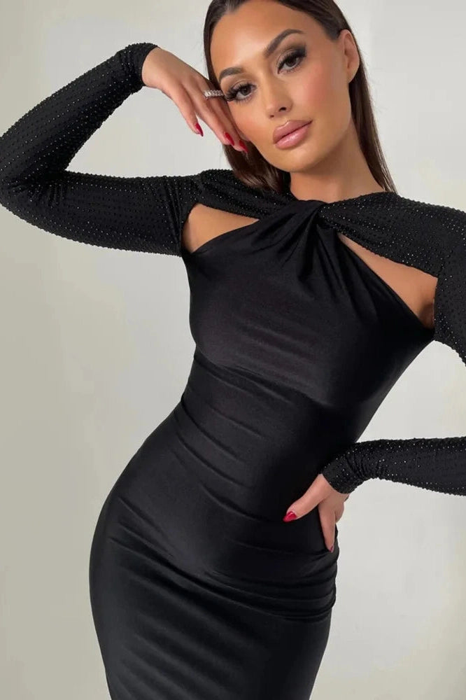 Glorol - Hollow Out Long Sleeve Bodycon Maxi Dress