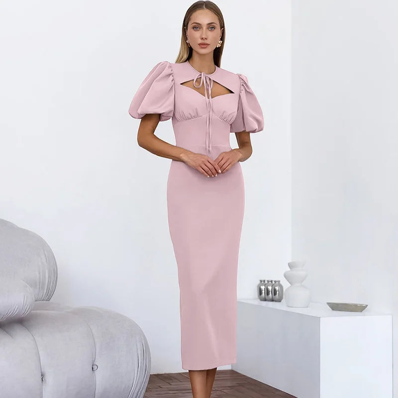 Glorol - Elegant Hollow Out Lace-Up Patchwork Maxi Dress