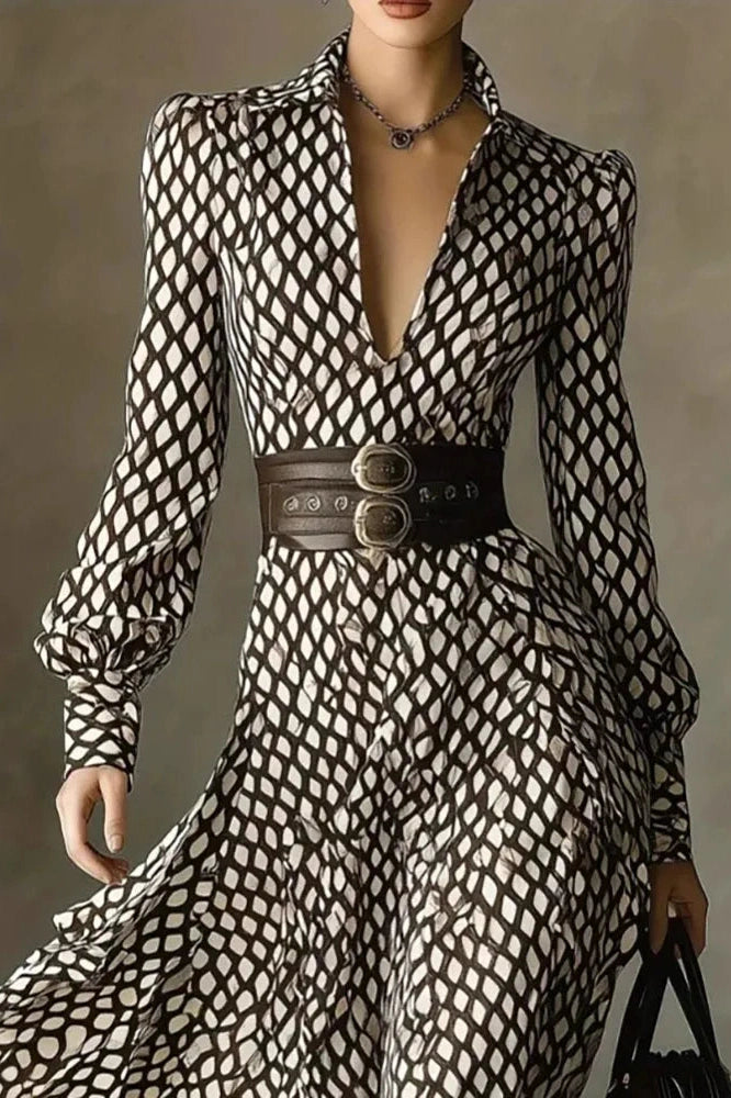 Glorol - Elegant Pleated High Waist Printed Long Sleeve Midi Dress