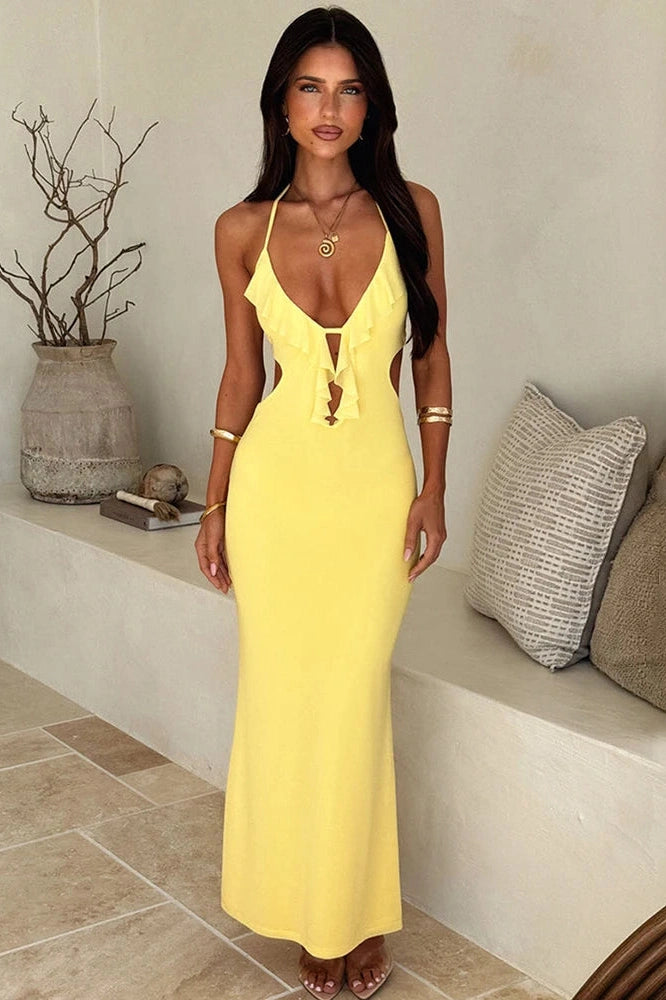 Glorol - Hollow Out Backless Off-Shoulder V Neck Sleeveless Bodycon Maxi Dress