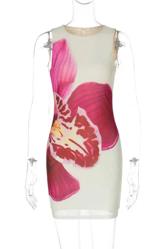 Glorol - Floral Print O Neck Sleeveless Slim Bodycon Mini Dress