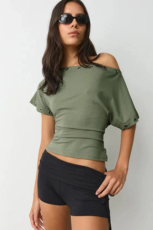 Glorol - Hollow-Out One-Shoulder Slim Top