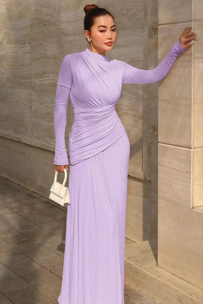 Glorol - Slim Long Sleeve O Neck Patchwork Pleated Irregular Maxi Dress