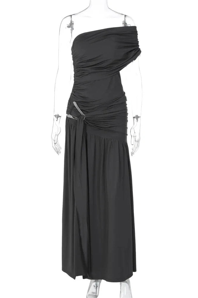 Glorol - Off-Shoulder Backless One Sleeve Split Pleated Maxi Dress