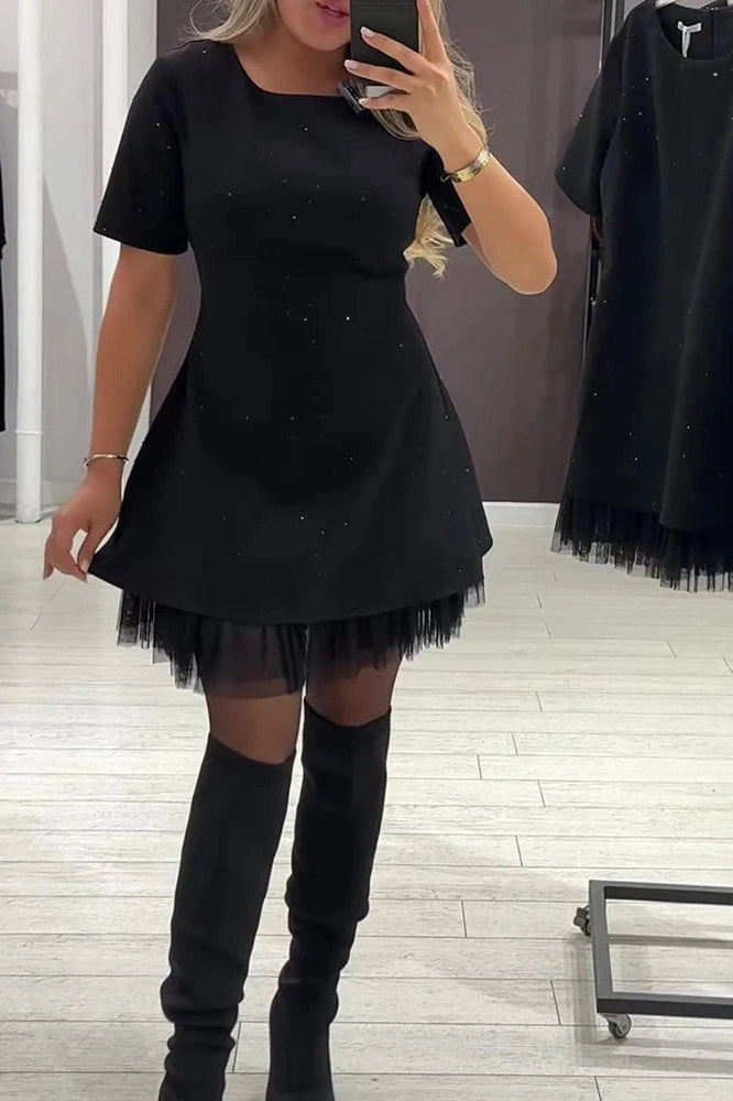 Glorol - Elegant O-Neck High Waist A-Line Short Sleeve Pleat Mini Dress
