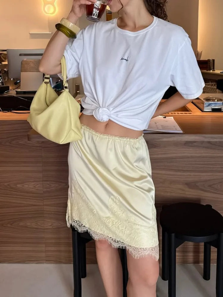 Glorol - High Waist Lace Patchwork Printed Skirt