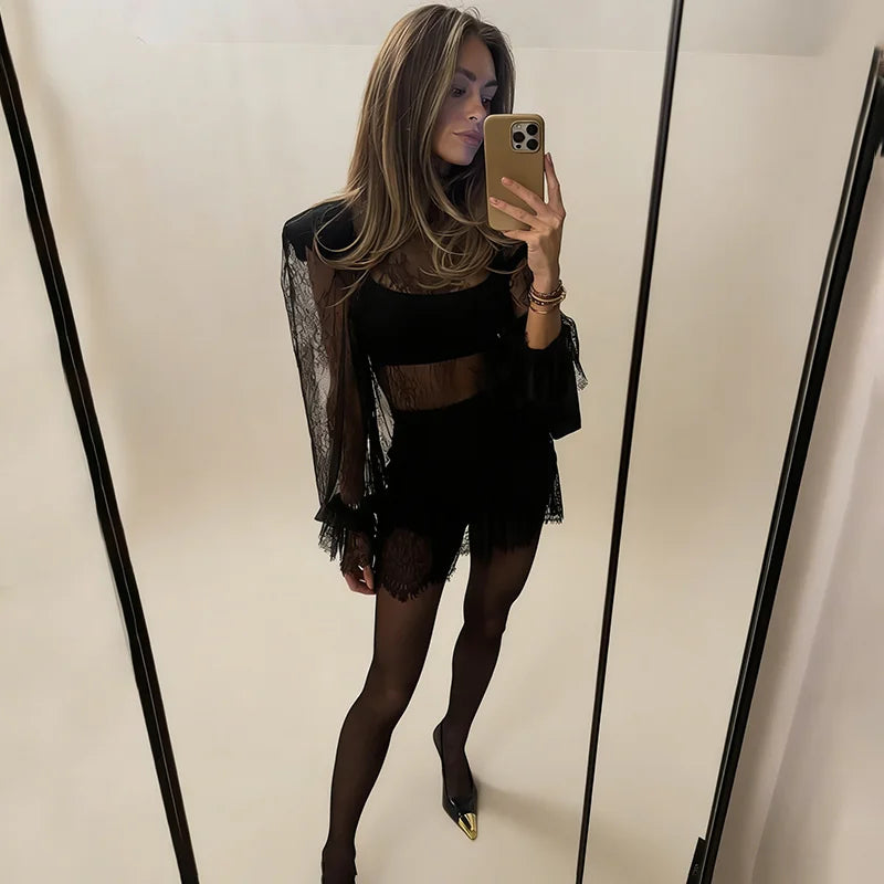Glorol - Lace See Through Long Sleeve Loose Mini Dress