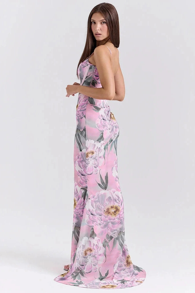 Glorol - Floral Spaghetti Strap Sleeveless Backless Maxi Dress