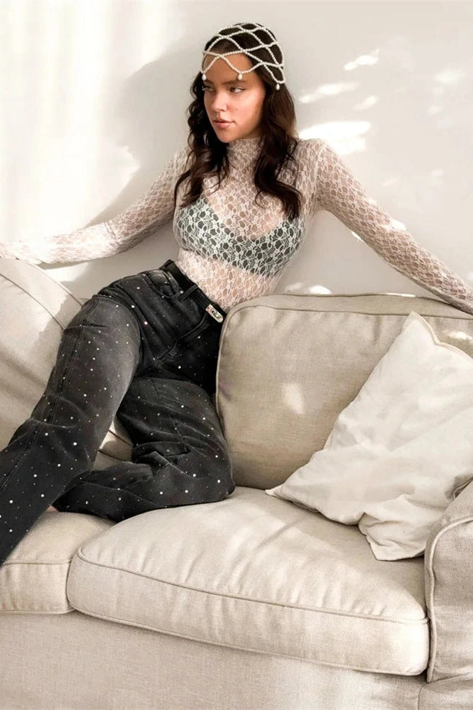 Glorol - Lace See-Through Long Sleeve Loose Patchwork Top