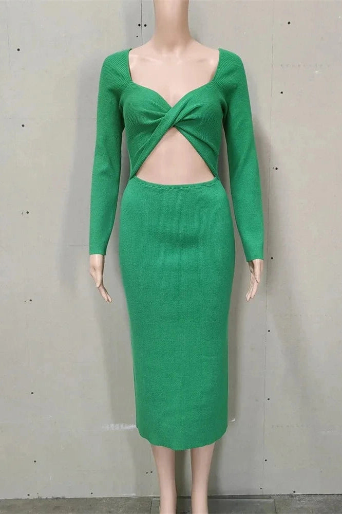 Glorol - Hollow Out Long Sleeve Patchwork Slim Midi Dress