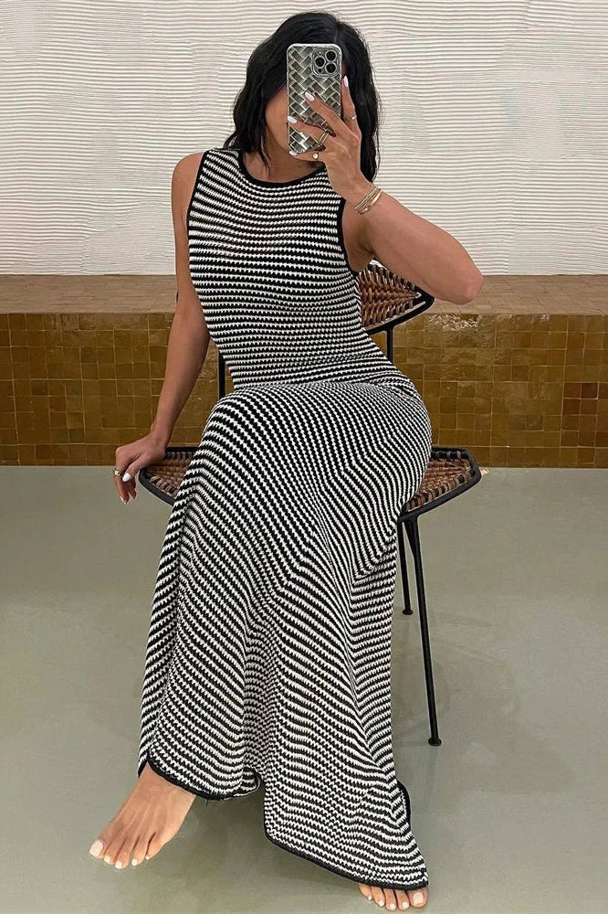 Glorol - Hollow Out Striped Sleeveless Slim High Waist Maxi Dress
