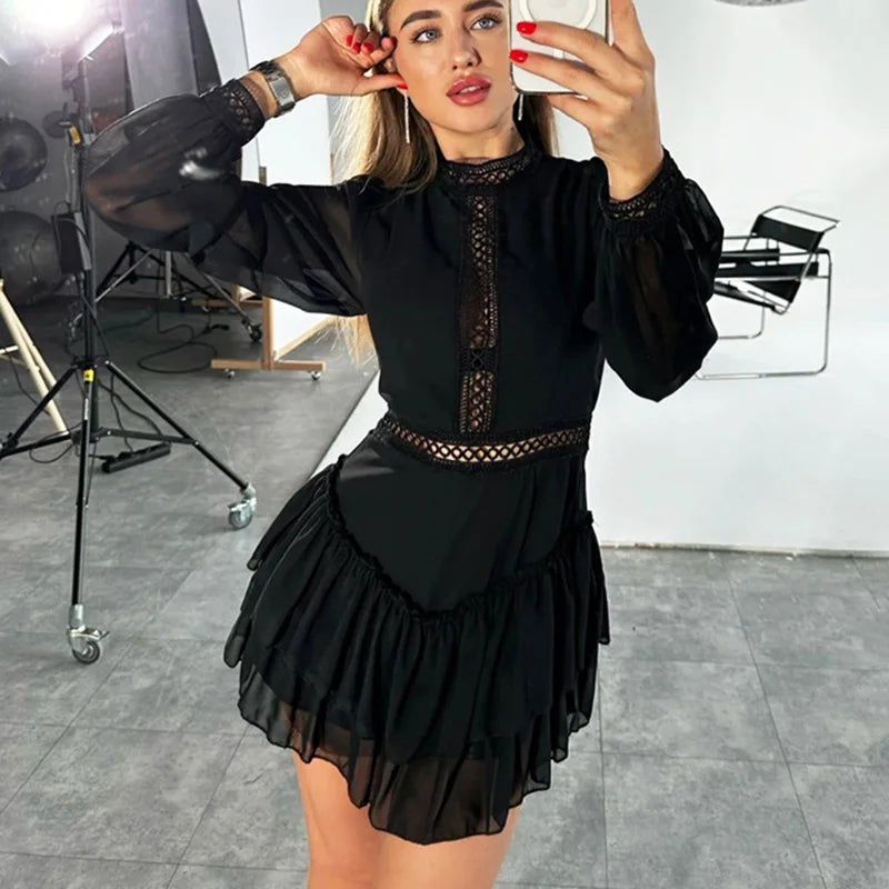Glorol - Hollow Out See Through Patchwork High Waist Mini Dress