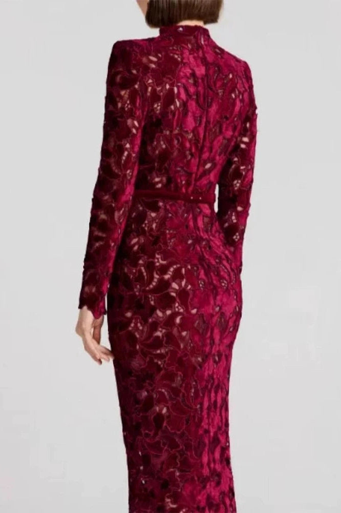 Glorol - Hollow Out Lace Embroidery Long Sleeve High Waist Midi Dress