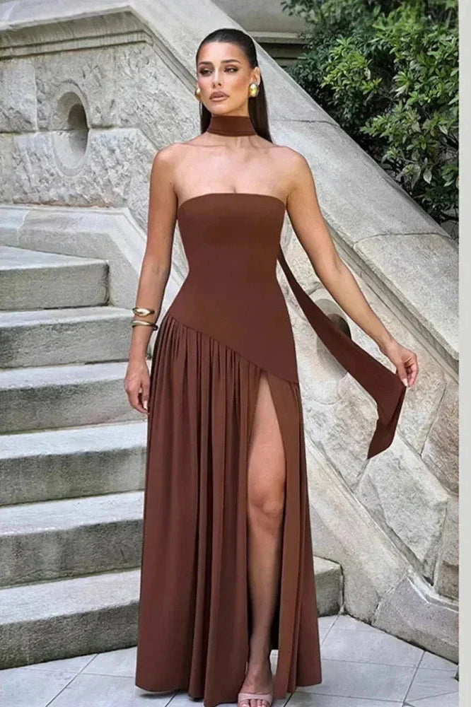 Notiglo - Scarf Neck Sleeveless Off Shoulder A-Line Maxi Dress