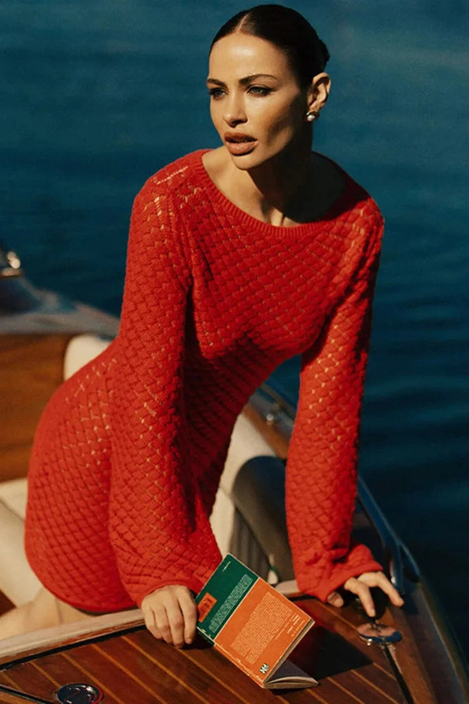 Glorol - Backless Long Sleeve Knit See Through Mini Dress