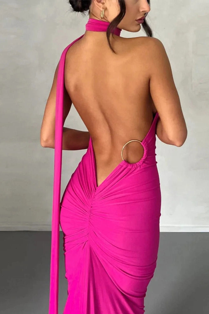 Glorol - Oblique Shoulder Sleeveless Backless Maxi Dress