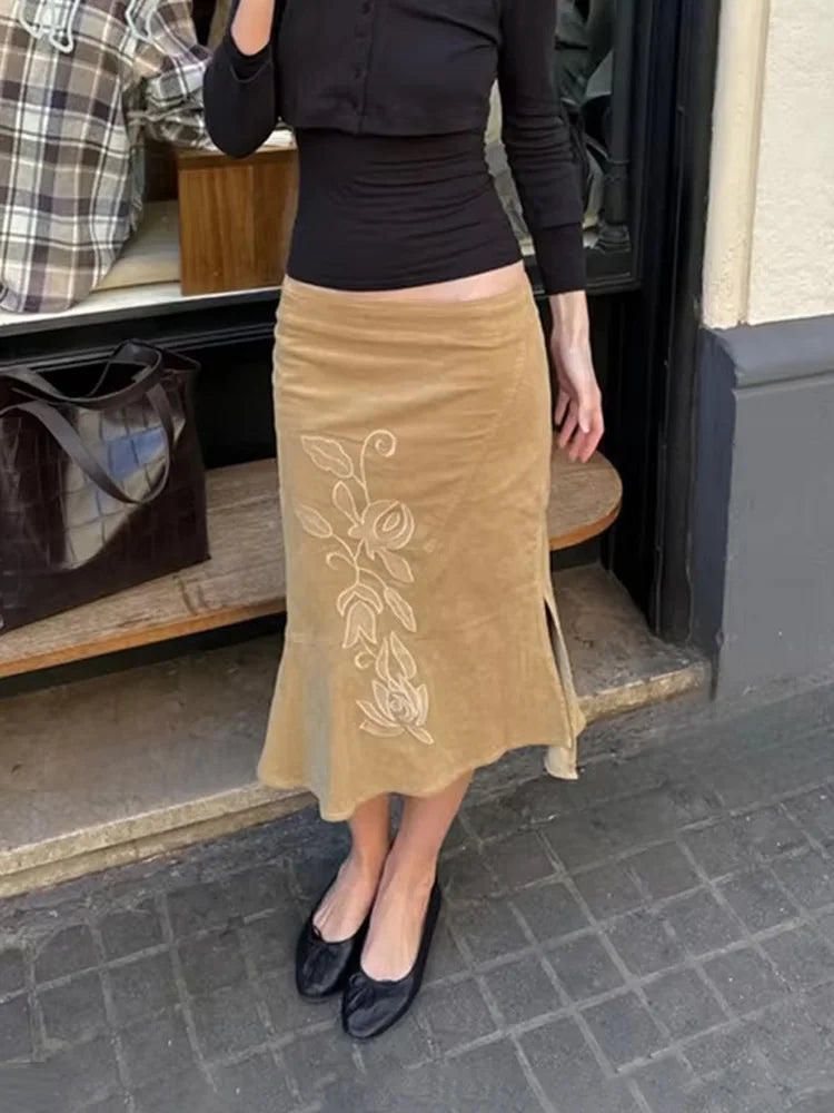 Glorol - High Waist Printed Side Split Skirt