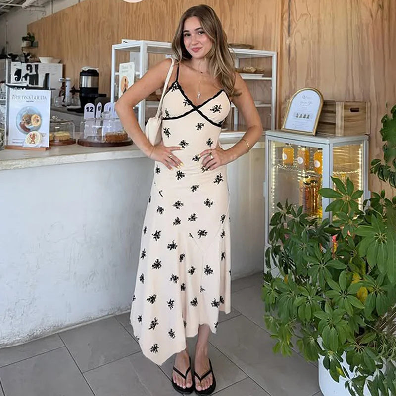 Glorol - Lace Printed V Neck Spaghetti Strap Slim Midi Dress