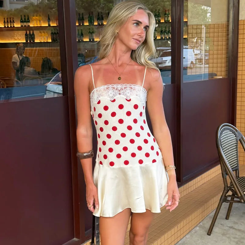 Glorol - Lace Polka Dot Patchwork Backless Mini Dress