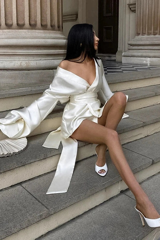Glorol - Elegant Lace-up Waisted Long Sleeved V Neck Mini Dress