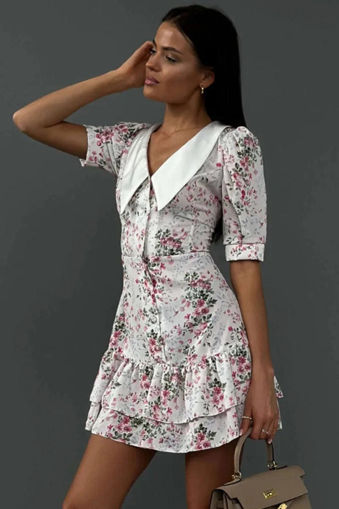 Glorol - Short Sleeve Turn-down Collar Mini Dress