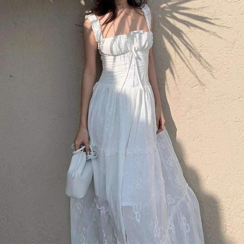 Glorol - Lace Up Square Collar High Waisted Maxi Dress