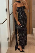 Glorol - Elegant Polka Dot Scarf Fit Backless Sleeveless Maxi Dress