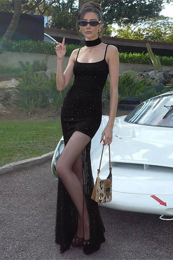 Glorol - Lace-Up See-Through Backless Slim Bodycon Maxi Dress
