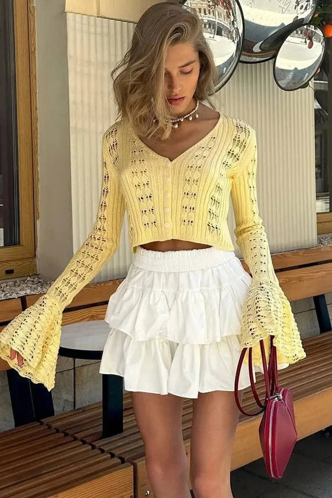 Glorol - Hollow Out V-Neck Long Sleeve Patchwork Top