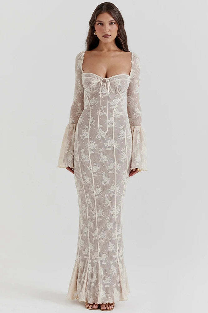 Glorol - Lace Print Long Flare Sleeve Square Collar Maxi Dress