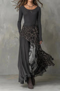 Glorol - Pleated Knitted O-Neck Printed Long Sleeve High Waist Maxi Dress