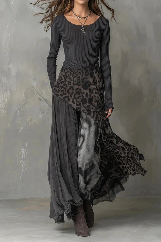 Glorol - Pleated Knitted O-Neck Printed Long Sleeve High Waist Maxi Dress