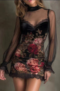 Glorol - Lace See-Through Sleeves Printed Slim High Waist Mini Dress