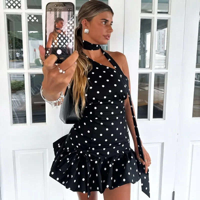 Glorol - Polka Dot Scarf Ribbon Mini Dress