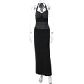 Glorol - Polka Printed Lace-Up V-Neck Patchwork Maxi Dress
