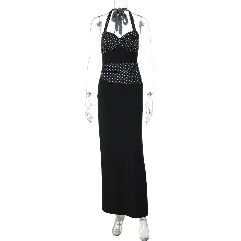 Glorol - Polka Printed Lace-Up V-Neck Patchwork Maxi Dress